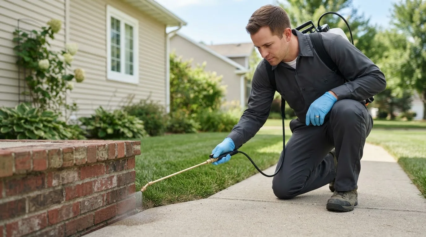 Pest control technician treating a home near Manorville, PA