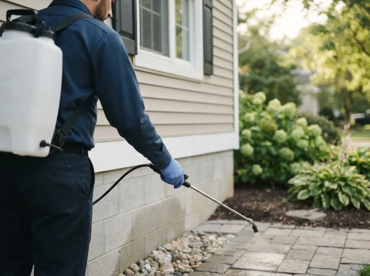 Pest control technician inspecting a home in Manorville, PA